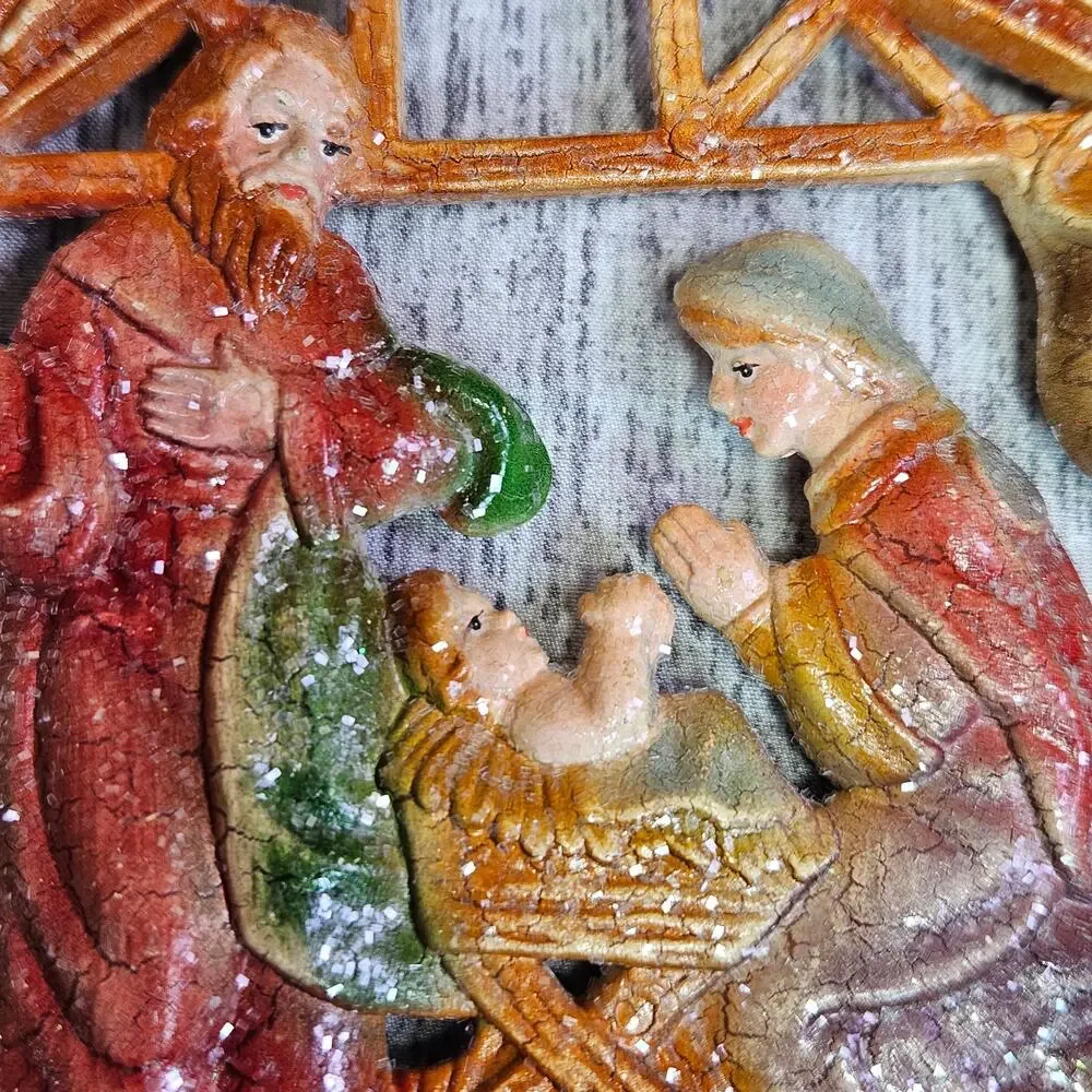 VTG 70s Christmas Tree Ornament Set of 2 Nativity Baby Jesus Mary Joseph Stable